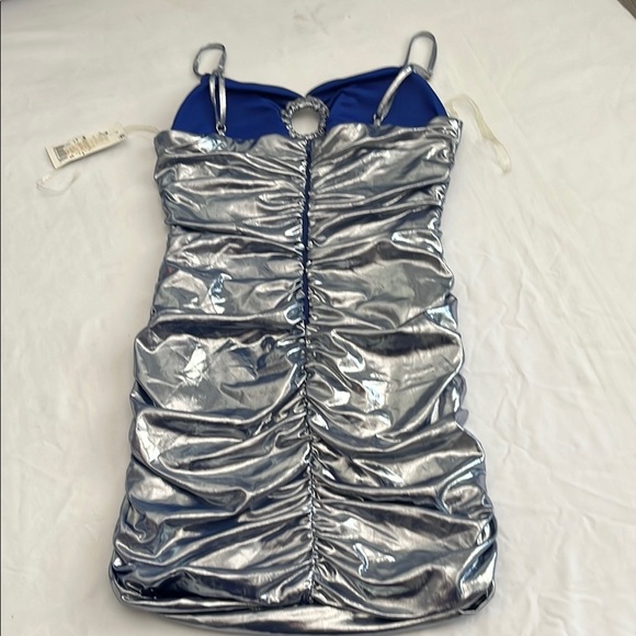 Silver Metallic Ruched Mini Dress - Picture 3 of 9